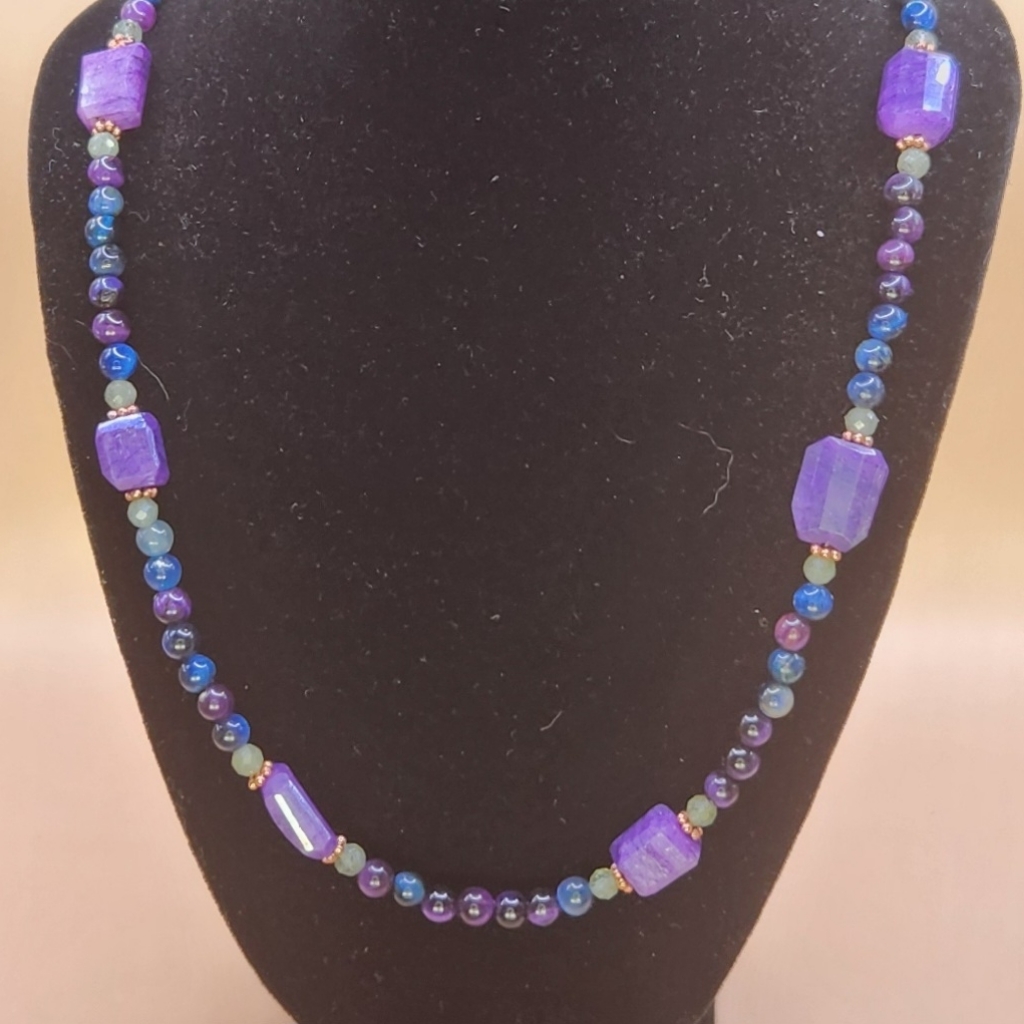 Galaxy Tiger Eye, Purple Moonstone, Green Apatite And Copper Beaded Necklace